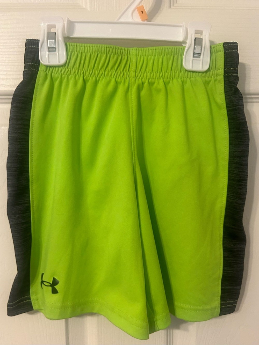 Boys, Under Armour, Neon Lime Green Athletic Shorts with Black Side Panels, 7
